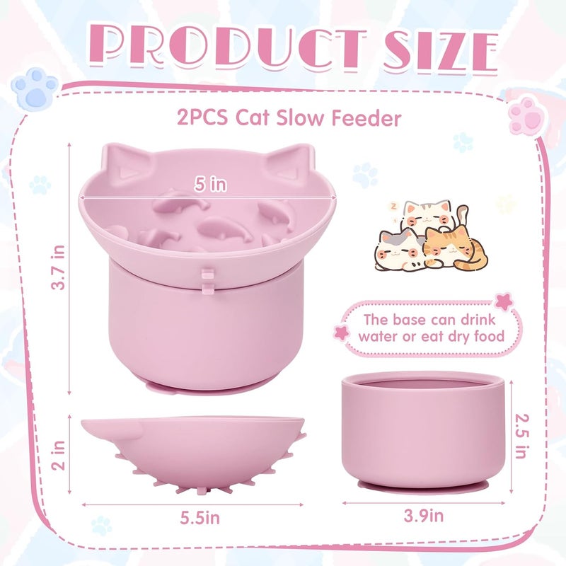 Funnymoom 2 Pack Silicone Cat Slow Feeder, Elevated Slow Feeder Cat Bowl for Dry and Wet Food, Tilted Design with Non Slip Base, Adjustable Angle for Pet(Pink and Blue) - Image 2